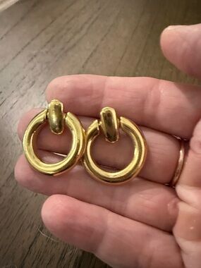 Classic Reversible Gold/Black  Hoop Drop Earrings - Gold Tone